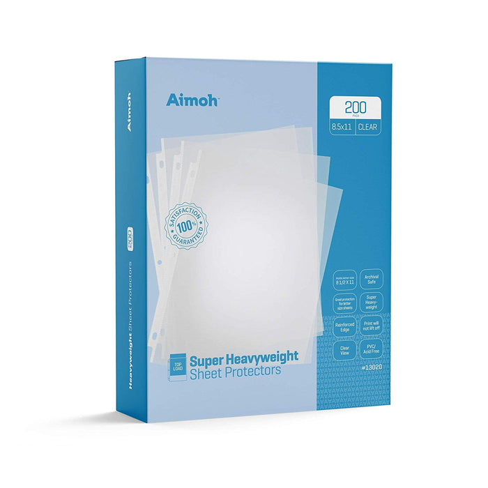Sheet Protectors - Letter Size - 200 Pack Super Heavyweight Clear - 8.5 x 11, 3-Hole Punched, Reinforced Edge, PVC/Acid Free-Archival Safe-Print will not lift off, Top Load (13020) - Aimoh