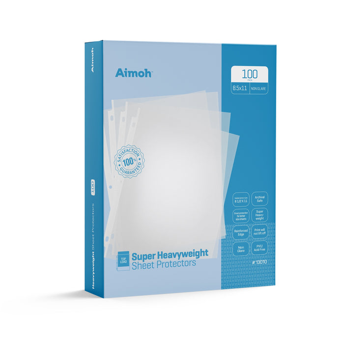 Sheet Protectors - Letter Size - 100 Pack Super Heavyweight Non-Glare - 8.5 x 11, 3-Hole Punched, Reinforced Edge, PVC/Acid Free-Archival Safe-Print will not lift off, Top Load (13010) - Aimoh