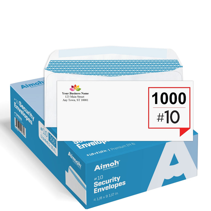 #10 Custom PRINTED Security Business Envelopes - Gummed Seal, No Window, Premium Security Tint Pattern, TEXT and LOGO Customization - Size 4-1/8 x 9-1/2 Inch - White - 24 LB - 500 Count - Aimoh