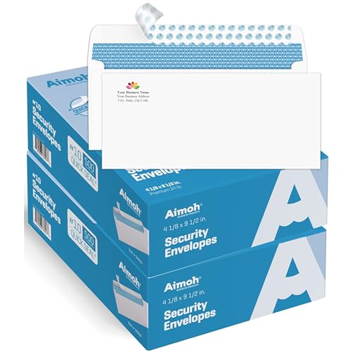 #10 Custom Printed Security Tinted Self–Seal Envelopes - Personalized with Logo and Address/Return Address Imprinted -Size 4-1/8 X 9-1/2" -White -24 LB - Aimoh