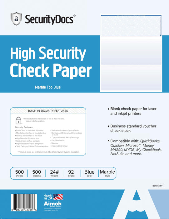 SecurityDocs High Security Blank Check Paper – 500 Sheets – Business Checks on Top, Laser & Inkjet Compatible, 8.5 x 11