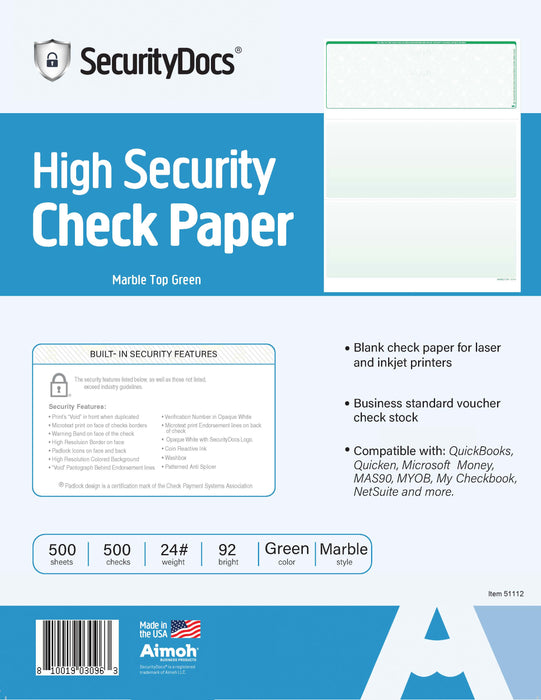 SecurityDocs High Security Blank Check Paper – 500 Sheets – Business Checks on Top, Laser & Inkjet Compatible, 8.5 x 11