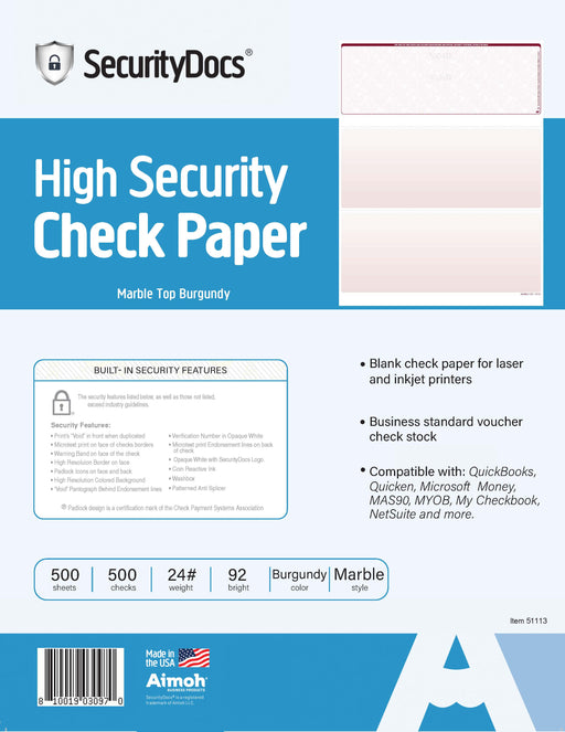 SecurityDocs High Security Blank Check Paper – 500 Sheets – Business Checks on Top, Laser & Inkjet Compatible, 8.5 x 11