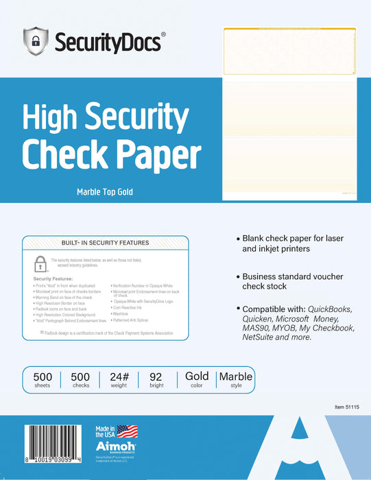 SecurityDocs High Security Blank Check Paper – 500 Sheets – Business Checks on Top, Laser & Inkjet Compatible, 8.5 x 11