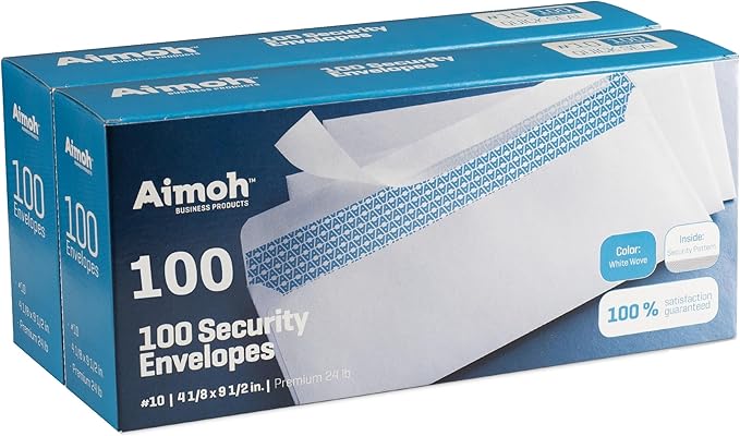 #10 Envelopes - No Window - Quick-Seal - Security Tinted - 100 Count - Aimoh