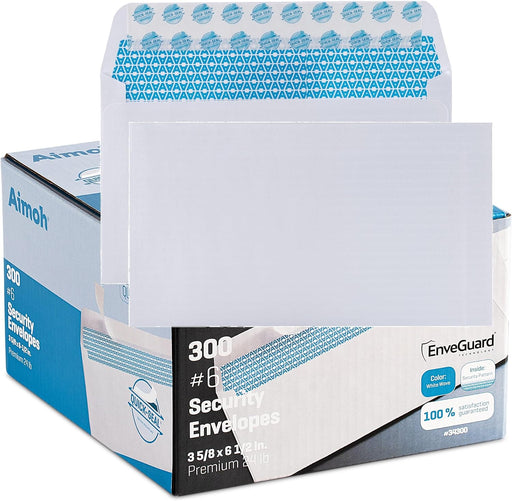 #6 3/4 Security Tinted Self-Seal Envelopes - No Window, Size 3-5/8 X 6-1/2 Inches - White - 24 LB - 300 Count (34300) - Aimoh