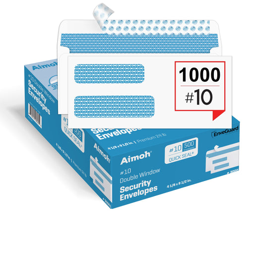 #10 Envelopes - Double Window - Quick-Seal - Security Tinted - 1000 Count - Aimoh