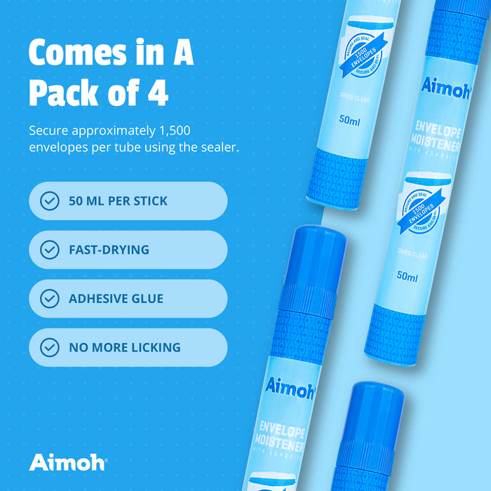 Envelope Moistener with Adhesive, Fast-Drying, Envelope Sealer, Stamp and Letter Glue licker, Ideal for envelopes, Stamps, Letters - 4 Pack (13454) - Aimoh