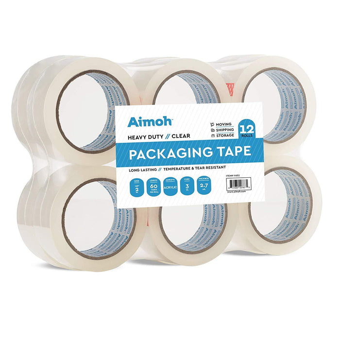 Aimoh Super Strong Clear Packing Tape -Acrylic Adhesive- 2.7mil Heavy Duty Commercial Grade- 12 Rolls- Size 1.88 x 60 Yard- 3 in