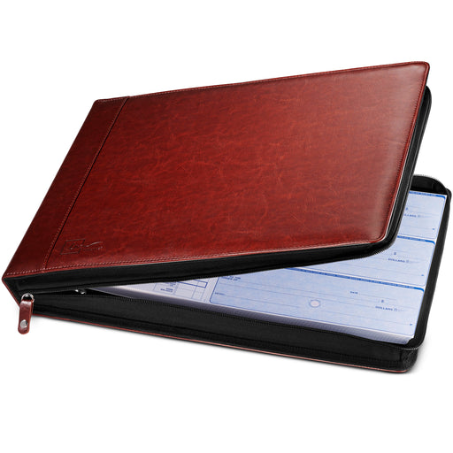 Inkline 7 Ring Check Binder Portfolio -Professional PU Leather Binder with Zippered Closure -500 Check Capacity -9x13 Inch Sheets -Document & Card Organizer - Large Tablet Pocket - Mahogany (80014) - Aimoh