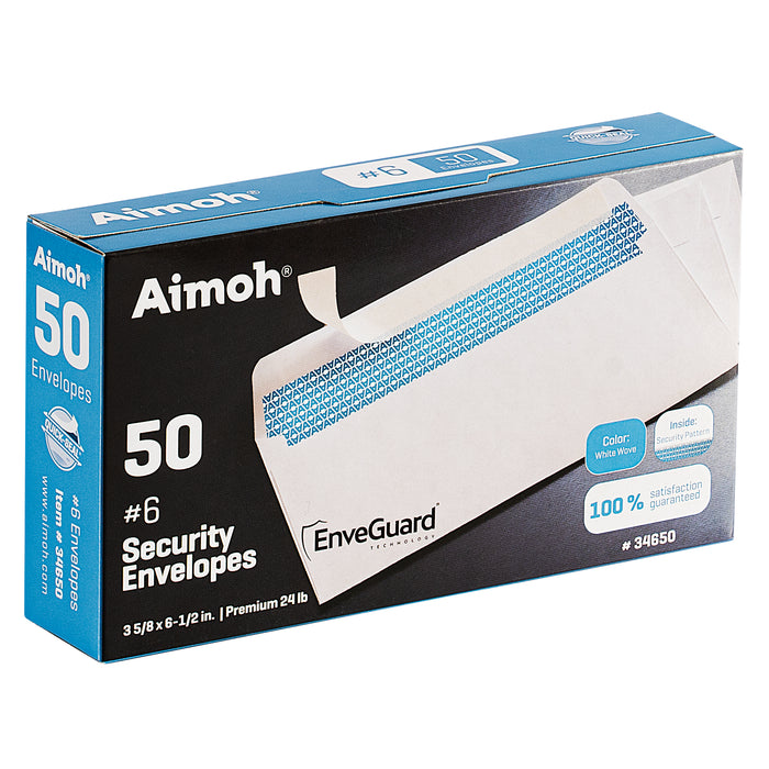 #6 3/4 Security Tinted Self-Seal Envelopes - No Window, Size 3-5/8 X 6-1/2 Inches - White - 24 LB - 50 Count (34650) - Aimoh