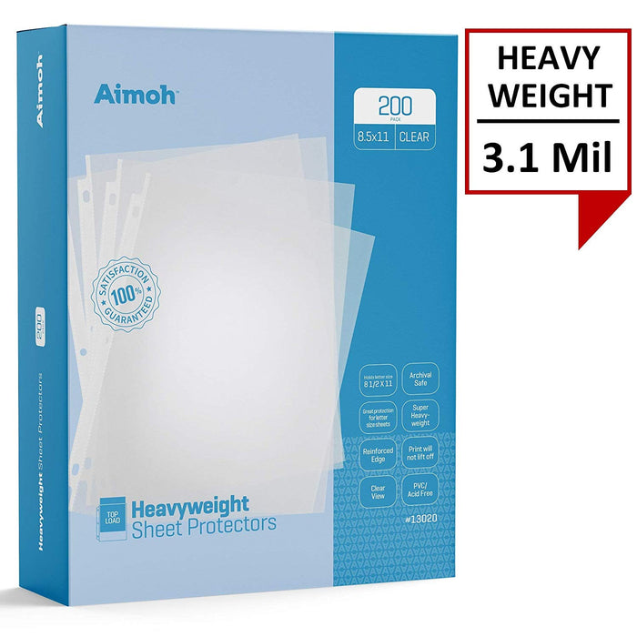Sheet Protectors - Letter Size - 200 Pack Heavyweight Clear - 8.5 x 11, 3-Hole Punched, Reinforced Edge, PVC/Acid Free-Archival Safe-Print will not lift off, Top Load (13002) - Aimoh