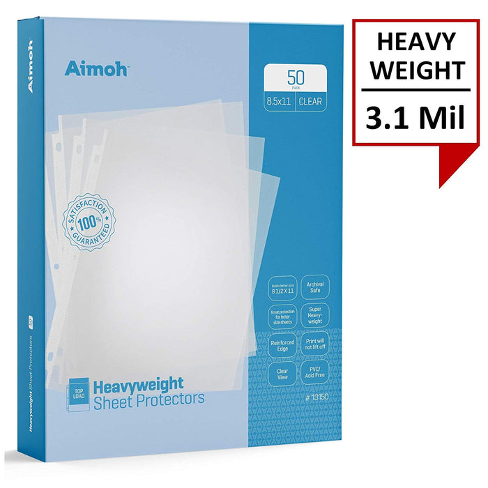 Sheet Protectors - Letter Size - 50 Pack Heavyweight Clear - 8.5 x 11, 3-Hole Punched, Reinforced Edge, PVC/Acid Free-Archival Safe-Print will not lift off, Top Load (13150) - Aimoh