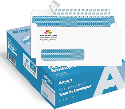 #10 Custom Printed Single Left Window Self Seal Security Envelopes, Text and Logo Customization, Super Strong Self Sealing Closure, Security Tinted, Size 4-1/8 x 9-1/2 Inches, 24 LB, 500 Count (72352) - Aimoh
