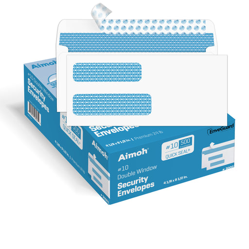 #10 Envelopes - Double Window - Quick-Seal - Security Tinted - 500 Count - Aimoh