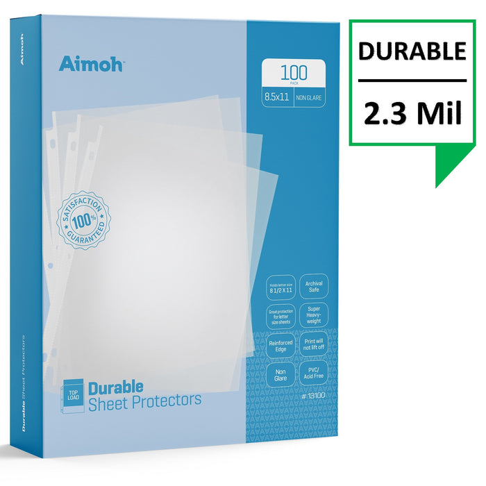 Sheet Protectors - Letter Size - 100 Pack Standard Non-Glare - 8.5 x 11, 3-Hole Punched, Reinforced Edge, PVC/Acid Free-Archival Safe-Print will not lift off, Top Load (13100) - Aimoh
