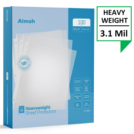 Sheet Protectors - Letter Size - 100 Pack Heavyweight Non-Glare - 8.5 x 11, 3-Hole Punched, Reinforced Edge, PVC/Acid Free-Archival Safe-Print will not lift off, Top Load (13001) - Aimoh