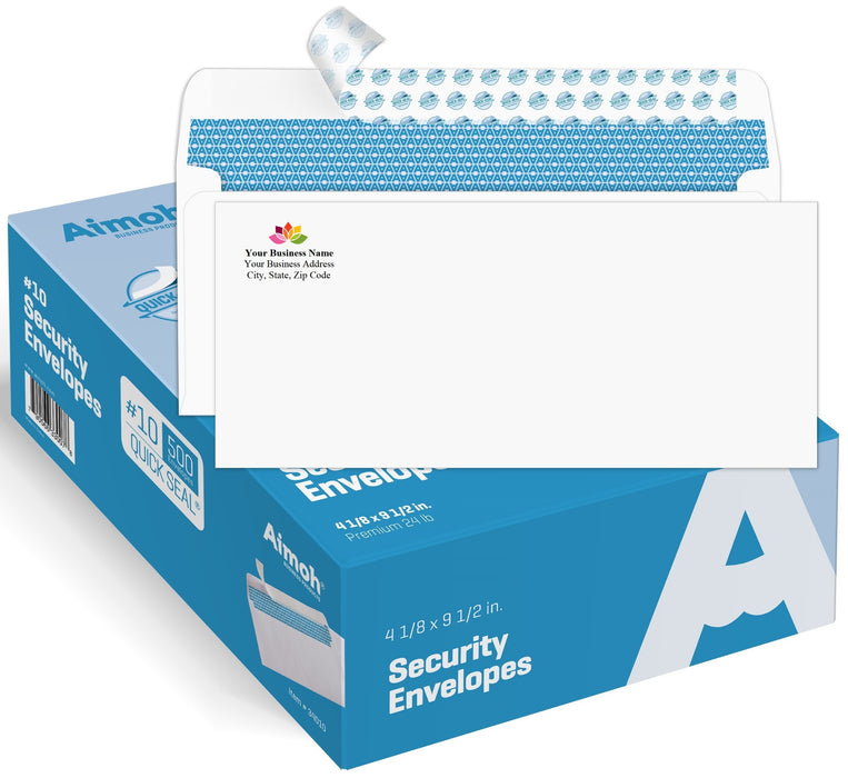 #10 Custom Printed Security Tinted Self–Seal Envelopes - Personalized with Logo and Address/Return Address Imprinted -Size 4-1/8 X 9-1/2" -White -24 LB -Box of 500 Count (74010) - Aimoh